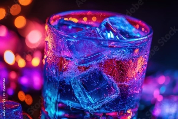 Obraz A stunning glass of icecold water, perfectly illuminated in vibrant colors, ideal for nightlifethemed settings