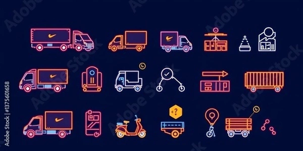Fototapeta Line icons depicting various delivery and logistics processes, including trucks, scooters, warehouses, containers, and tracking elements, container, logistics