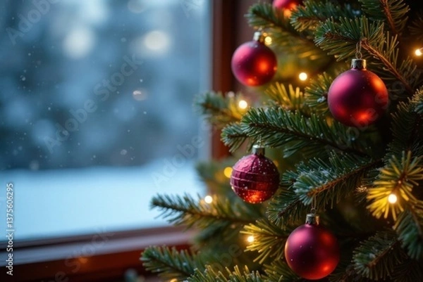 Fototapeta Christmas tree decorated with ornaments and lights against a snowy window background , winter, snow
