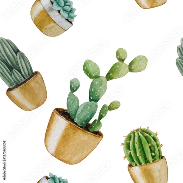 Obraz Cacti and succulents seamless pattern. Watercolor illustration. White background. For design, backgrounds