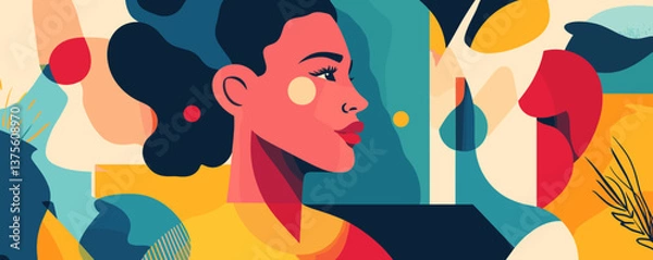 Fototapeta Colorful abstract portrait of a woman with geometric shapes in a modern style - vector.