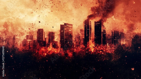 Fototapeta Burning building engulfed in intense flames with thick black smoke billowing into dark night sky, distant firefighters battling blaze under emergency lights, fire safety and crisis response. 