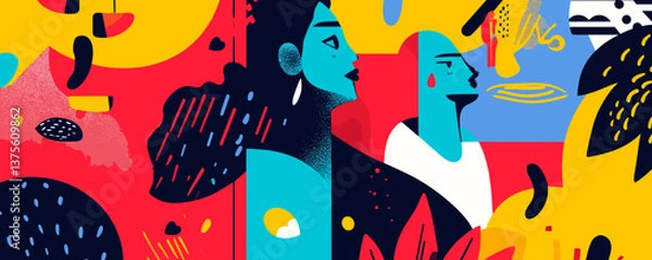 Fototapeta Colorful abstract portrait of two people amidst bold patterns and shapes - vector.