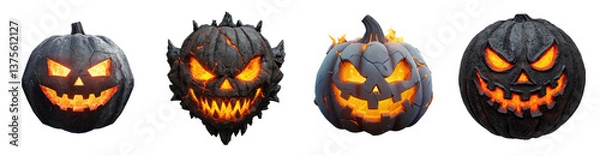 Fototapeta Fiery Halloween Jack o' lanterns Four Stone Carved Pumpkins with Glowing Embers