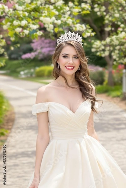 Obraz A beautiful bride in a stunning gown and sparkling tiara walks gracefully along a flowerfilled path