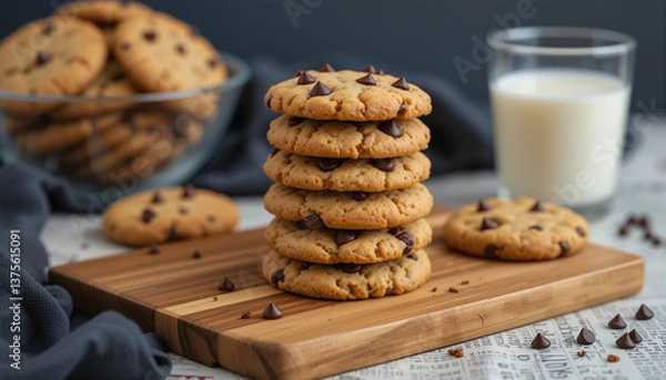 Fototapeta A stack of six chocolate chip cookies sits on a wooden cutting board