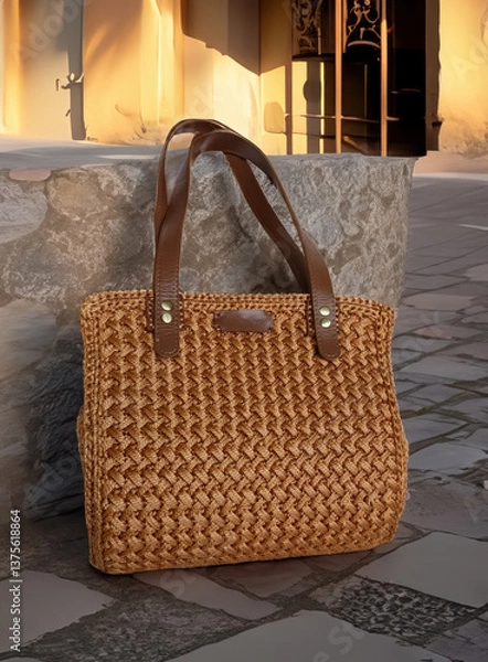 Obraz A stunningly beautiful and intricately woven tote bag that features sturdy leather handles, ideal for any occasion