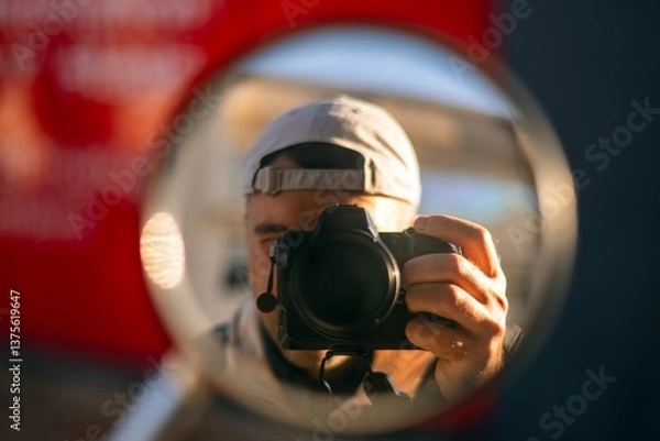 Obraz man with a camera reflection in a miror