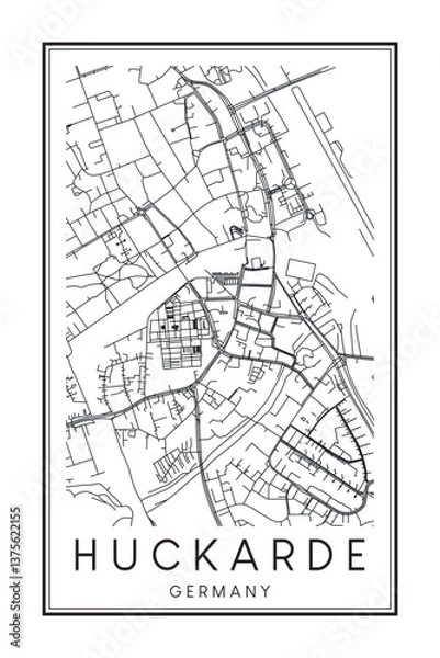 Fototapeta Hand drawn printable downtown road map poster of borough HUCKARDE of the German city of DORTMUND on solid white background with city name