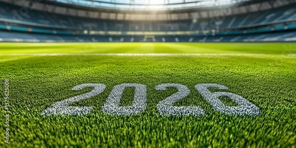 Fototapeta Football Stadium with 2026 Marked on the Field for Future Sports and Championship Concepts