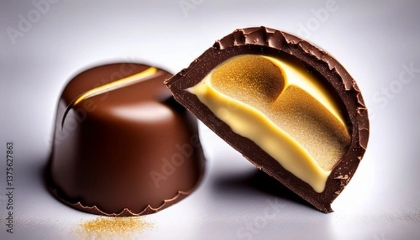 Fototapeta decadent chocolate confection split to reveal a rich golden filling a tempting treat with a smooth dark chocolate shell and a creamy center