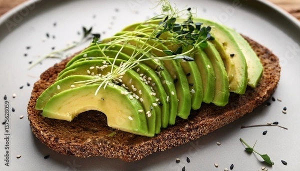 Fototapeta a perfectly sliced avocado is elegantly fanned out on top of a piece of whole grain toast lightly sprinkled with black sesame seeds and microgreens