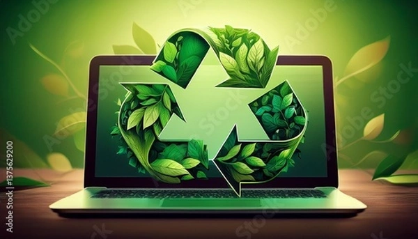 Fototapeta a laptop with a green leafy design on it with a recycle sign in the middle generative ai