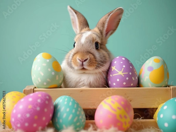 Obraz An easter bunny playing inside a wooden crate