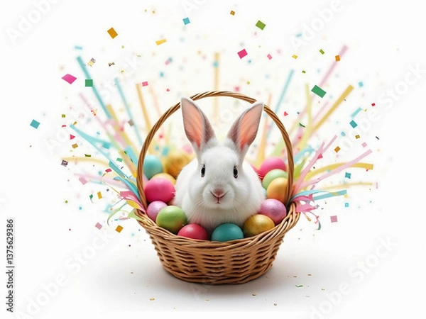 Obraz An Easter bunny sitting in the center of an exploding Easter basket