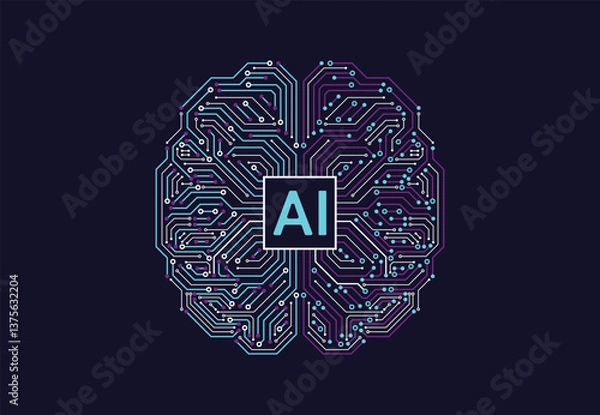 Fototapeta Artificial intelligence with brain chipset on circuit board in futuristic concept technology artwork for web, banner, card, cover. Vector illustration