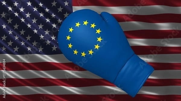 Fototapeta Tariffs trade war EU USA boxing glove and flags in high resolution for print and business