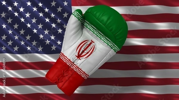 Fototapeta Atom conflict USA Iran flags with boxing gloves