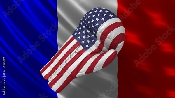 Fototapeta US France  USA tariffs trade war conflict graphic illustration with flags and boxing glove in high resolution for print and business
