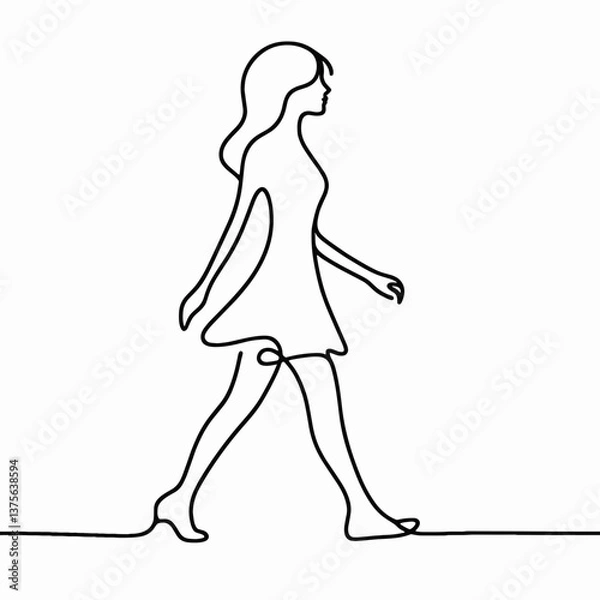 Fototapeta One line art woman elegantly walking against white background with copy space