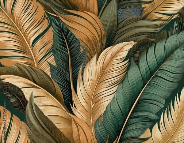 Fototapeta tropical seamless pattern with beautiful palm banana leaves hand drawn vintage 3d illustration glamorous exotic abstract background design good for luxury wallpapers cloth fabric printing goods