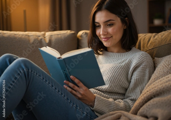 Obraz Young woman smiling while reading a book on a cozy couch  