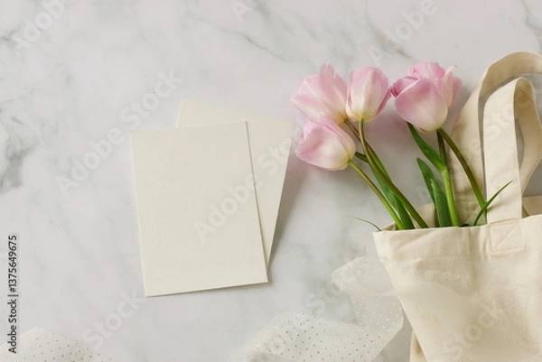 Fototapeta Greeting cards mockup and pink  tulip  flowers on white marble background top view flatlay. Blank mock up with copy space.
