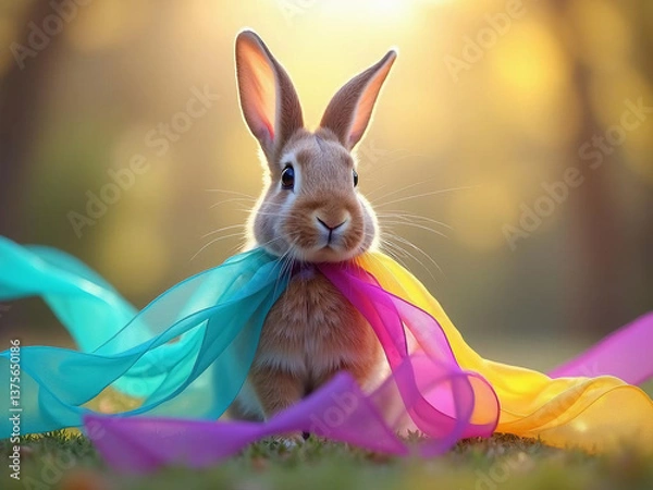 Obraz An Easter bunny sitting still while adorned with flowing ribbons