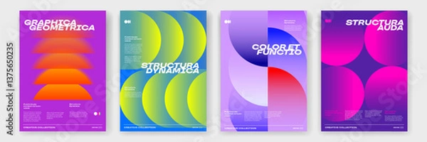 Obraz Geometric pattern background posters with color gradient shapes and dynamic pattern background. Modern trendy abstract posters with circles and color gradient overlay on vector neon glow background
