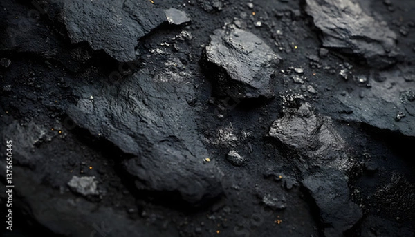 Fototapeta Macro of dark, rough stone texture background. Black rock surface, coal material. Abstract grungy pattern for backdrop, banner, wallpaper, or 3d rendering. Dark natural concept with copyspace.