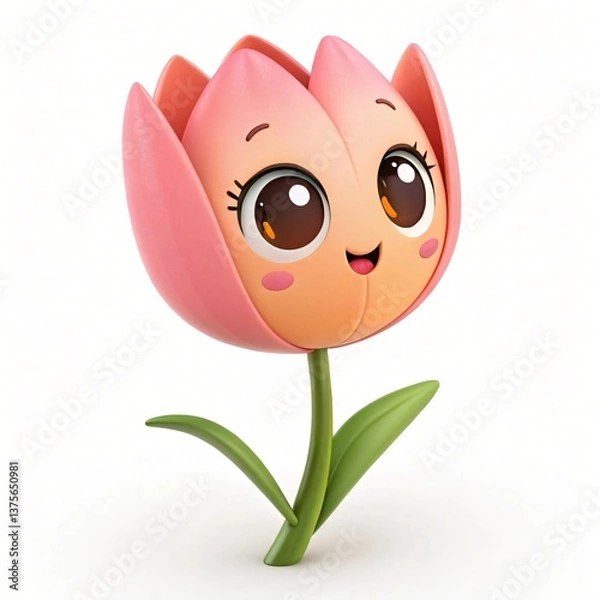 Obraz Adorable Cartoon Pink Tulip Flower Cute 3D Render Happy Expression Spring Blossom