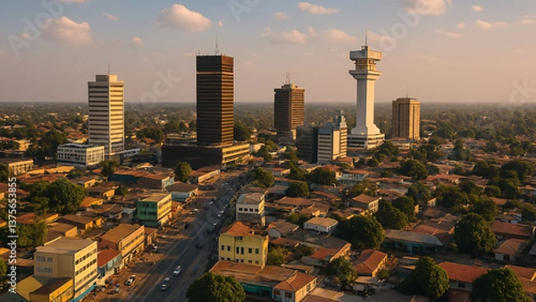 Fototapeta Vue aérienne du centre-ville de Lusaka, Zambie avec des immeubles commerciaux et des zones résidentielles au coucher du soleil