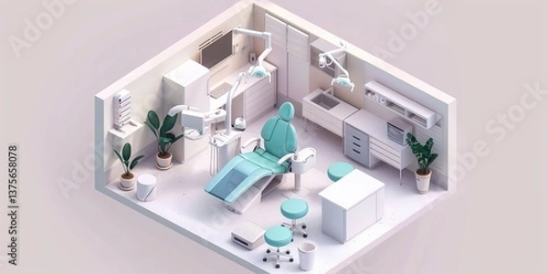 Fototapeta Medical isometric concept, 3D rendering of a dental clinic setup 