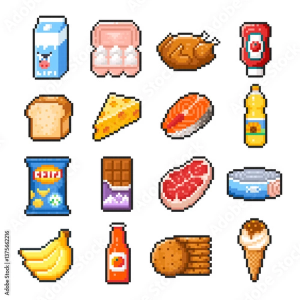 Fototapeta Pixel food set isolated on white background. Pixelated badges, game assets or computer arcade food items. Grocery market and bakery product icons. Vector pixel art illustration in 16 bit old style.