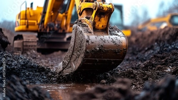 Fototapeta Excavator bucket digging wet soil at construction site