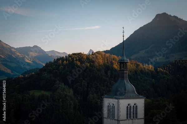 Obraz Panoramic view of the Swiss Alps mountains from Gruyeres, Switzerland.
