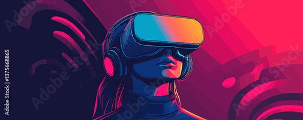 Fototapeta Futuristic virtual reality experience with headset on woman, bright colors and modern tech - vector.