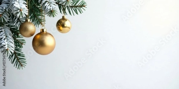 Fototapeta Frosty winter tree with hanging ornaments and gold decorations against a plain white background, gold background, christmas