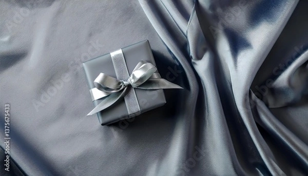 Fototapeta Gray Gift Box with Silver Ribbon on Fabric Background. Top View of Graduation Gifts with Copy Space