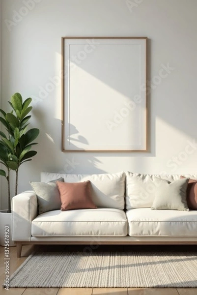 Obraz Minimalist living room with empty photo frames and artwork, abstract artwork, neutral color palette