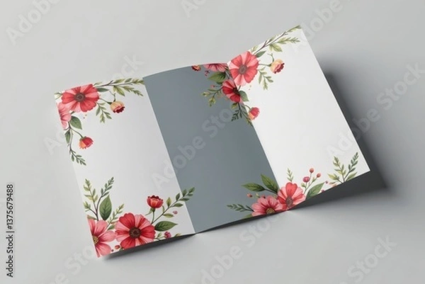 Fototapeta Modern trifold brochure with floral pattern on a solid gray background, product display, brochure