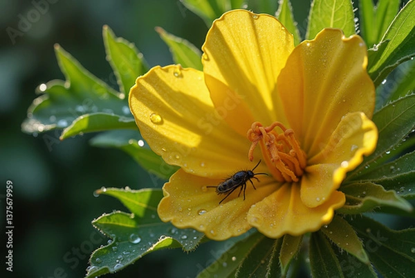 Fototapeta Small fly resting on sunny yellow flower, dewy, representing pollination and nature macro against blurred green bokeh background