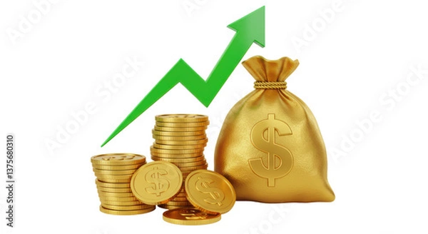 Fototapeta Isolated Rising Green Arrow Over a Bag of Gold Coins