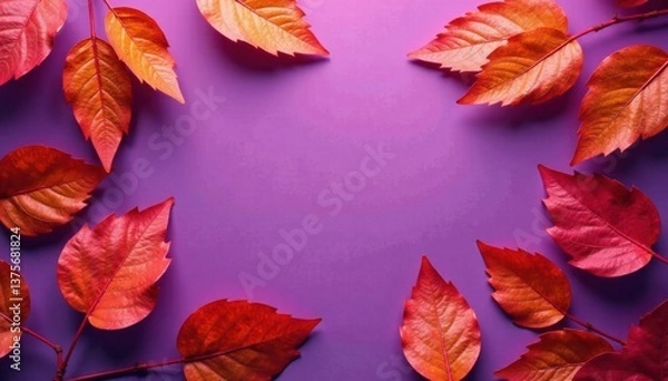 Fototapeta Pattern of dry orange metallic leaves on violet background, dry foliage, metallic leaves, autumn foliage