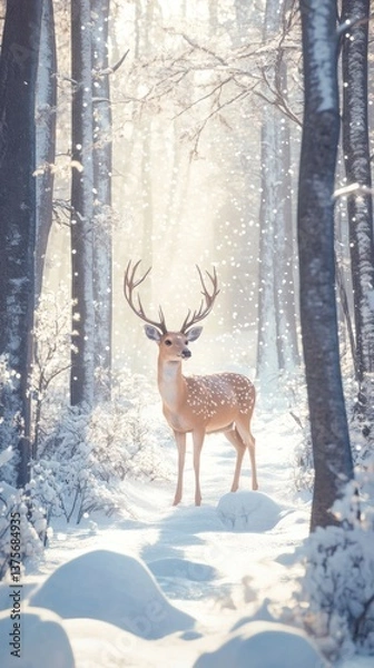 Fototapeta Majestic Deer Stands in Snowy Forest Clearing with Sun Rays Filtering Through Trees creating magical winter scene