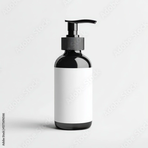 Fototapeta Sleek Black Pump Bottle Mockup with Blank White Label Ideal for Skincare Lotion or Shampoo Packaging Design