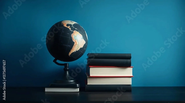 Fototapeta Dreamy Jet Black Books and Globe with Soft Light and Shadows for World Book Day Celebration