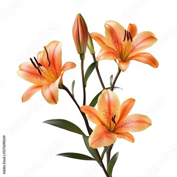 Fototapeta Stunning Orange Lilies Bouquet Three Blooming Flowers with Buds on a Branch Isolated on White Background