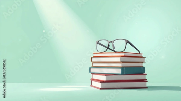 Fototapeta Modern Flat Design of Books and Glasses with Mystical Light Beams for World Book Day Celebration