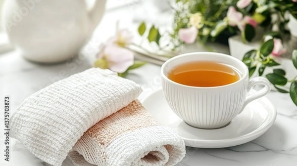 Fototapeta Relaxing teacup and towels on marble table.